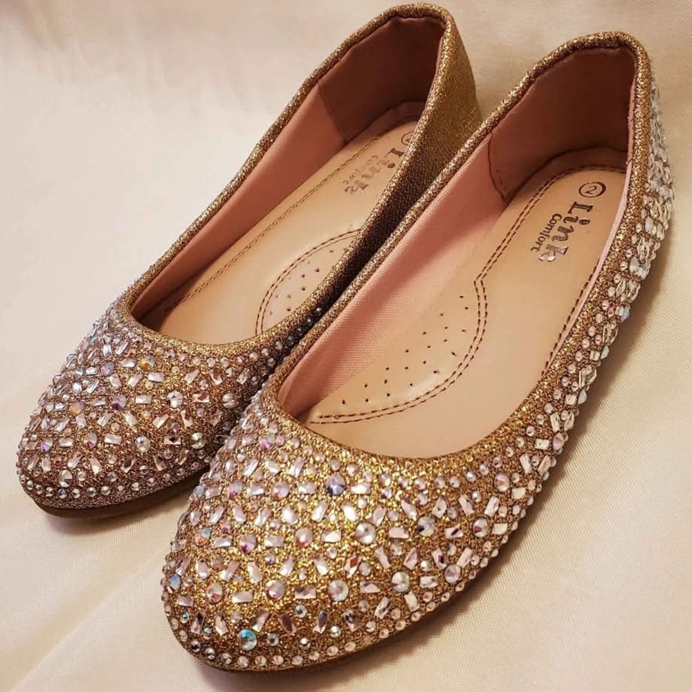 Girl's 2 Link Comfort Gold w/ Rhinestones Ballet Flat